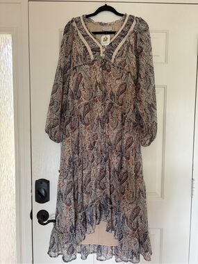 Dress Forum Neutral Paisley Maxi Dress with Lace Trim